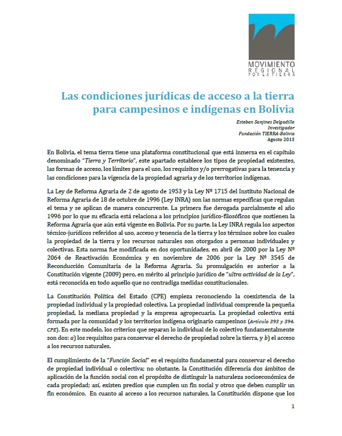 Las condiciones jurídicas de acceso a la tierra para campesinos e indígenas en Bolivia